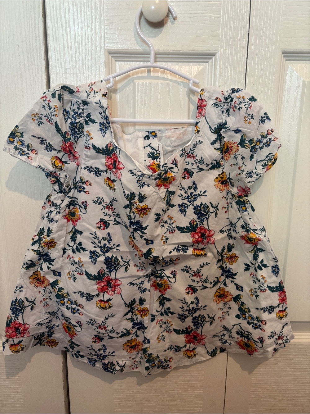 Janie and Jack White Floral Puff-Sleeve Top with Pink and Yellow Flowers